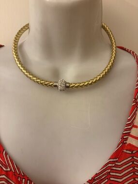 Gold Braided Choker Necklace with Crystal Accent Bead